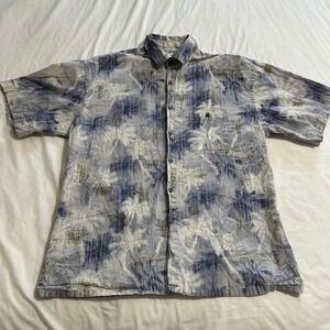 Campia Moda Mens Large Blue Palm Tree Tropical Cotton Button Down Shirt L